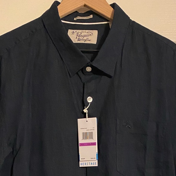 NWT Original Penguin Men's Button Shirt XXL Slim Fit Washed Linen Dark Sapphire - Picture 4 of 9